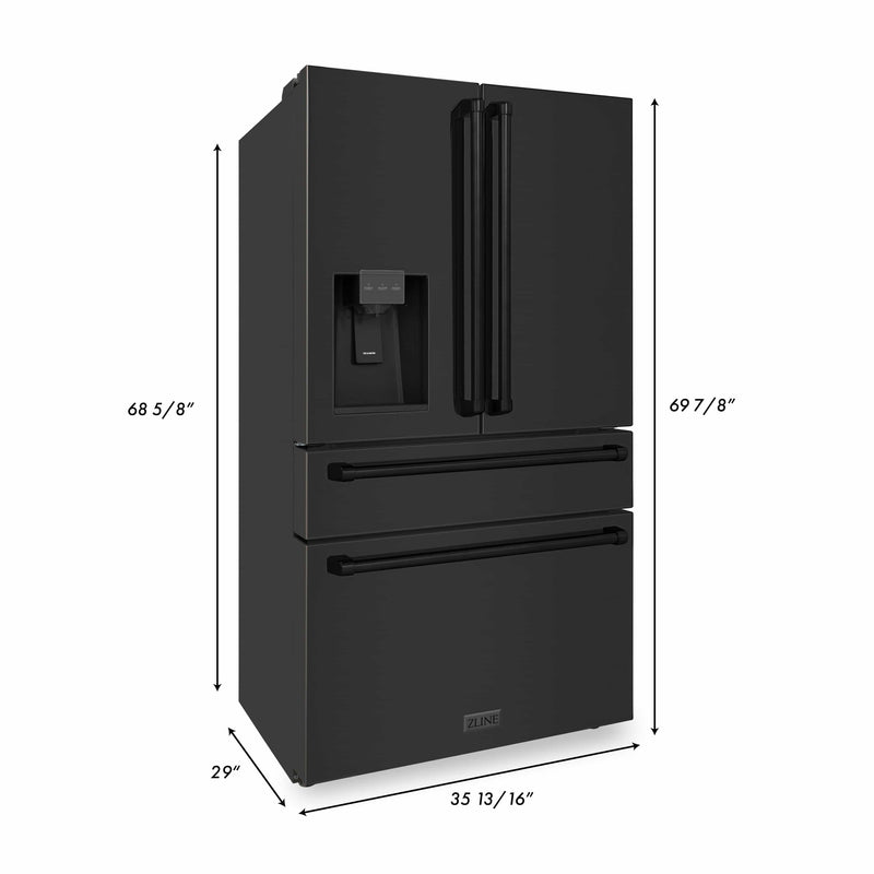 ZLINE 4-Piece Appliance Package - 36-Inch Dual Fuel Range with Brass Burners, Refrigerator with Water Dispenser, Convertible Wall Mount Hood, and Microwave Drawer in Black Stainless Steel (4KPRW-RABRH36-MWD)