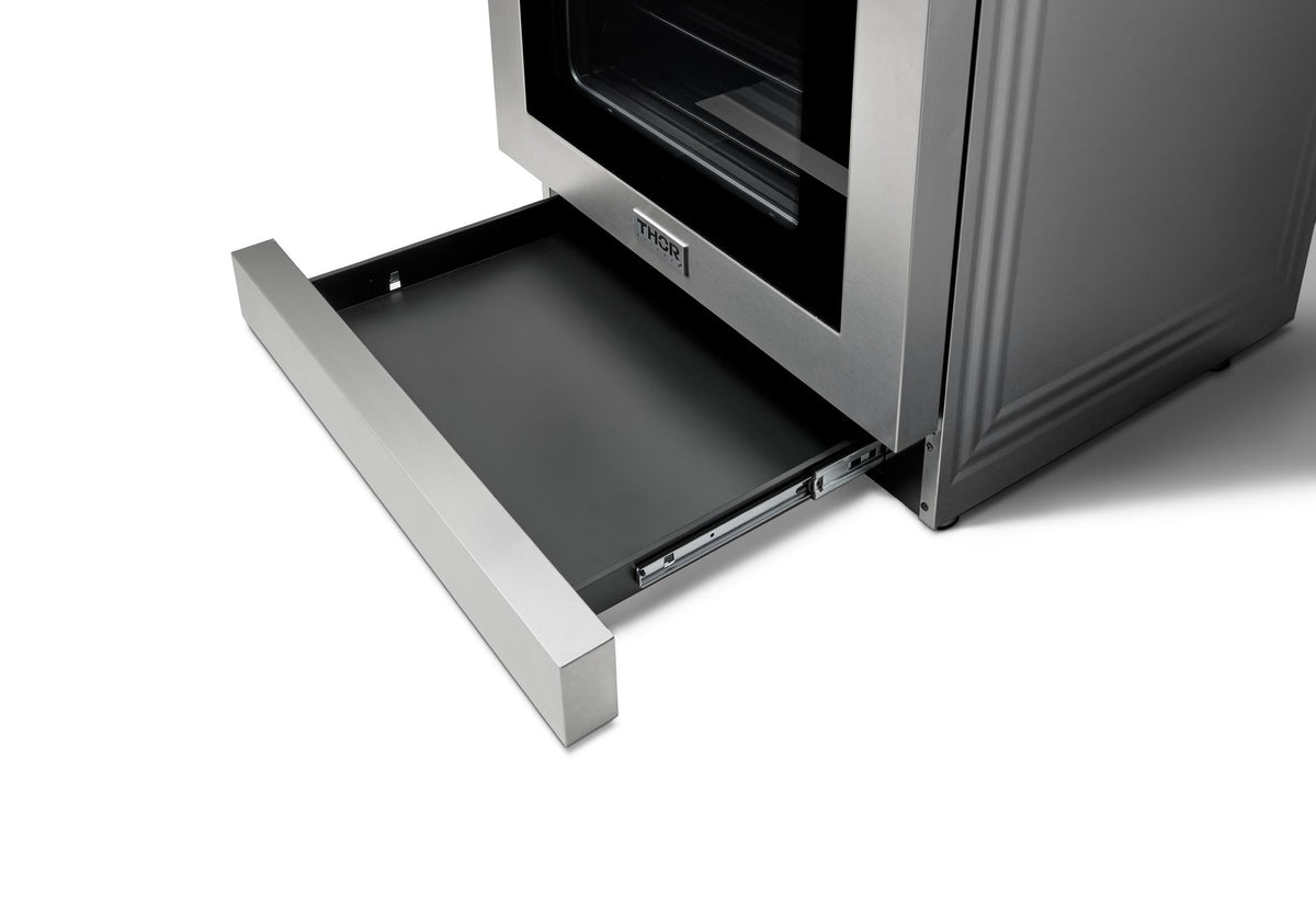 Thor Kitchen 5-Piece Appliance Package - 36-Inch Electric Range with Tilt Panel, French Door Refrigerator, Wall Mount Hood, Dishwasher, & Wine Cooler in Stainless Steel