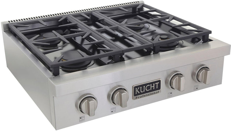 Kucht 30-Inch 4 Burner Gas Rangetop in Stainless Steel with Silver Accents (KFX309T-S)