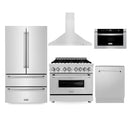 ZLINE Kitchen Package with Refrigeration, 36" Stainless Steel Dual Fuel Range, 36" Range Hood, Microwave Drawer, and 24" Tall Tub Dishwasher 5KPR-RARH36-MWDWV