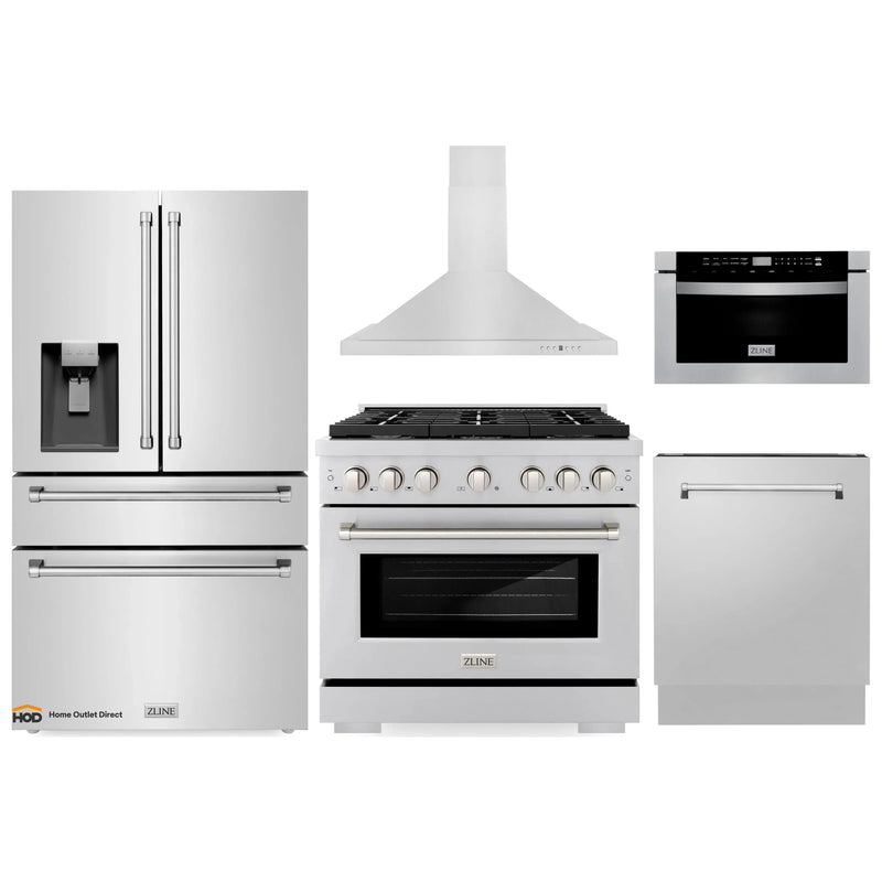 ZLINE 5-Piece Appliance Package - 36-Inch Gas Range, Refrigerator with Water Dispenser, Convertible Wall Mount Hood, Microwave Drawer, and 3-Rack Dishwasher in Stainless Steel (5KPRW-RGRH36-MWDWV)