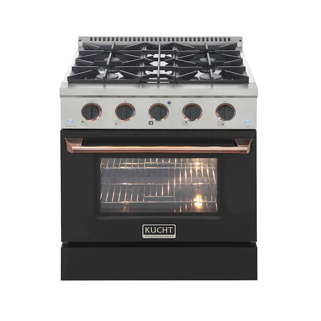 Kucht Signature 30-Inch Gas Range with Convection Oven in Black with Black Knobs & Rose Gold Handle KNG301-K-ROSE