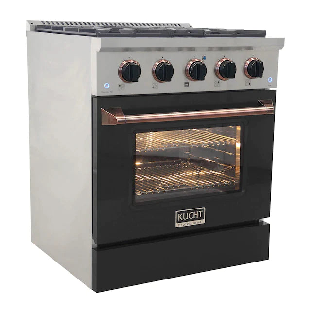 Kucht Signature 30-Inch Gas Range with Convection Oven in Black with Black Knobs & Rose Gold Handle (KNG301-K-ROSE)