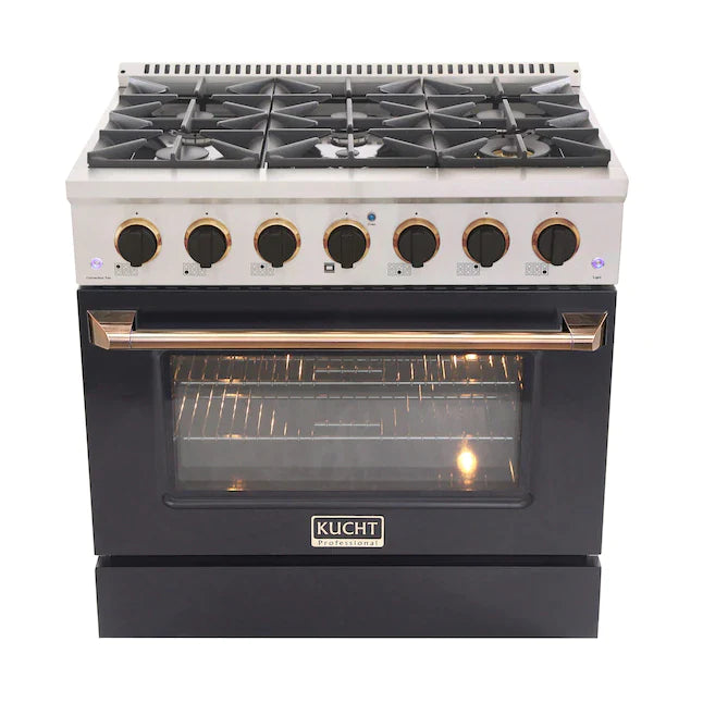 Kucht Signature 36-Inch Pro-Style Dual Fuel Range in Black Oven Door & Gold Accents (KDF362-K-GOLD)