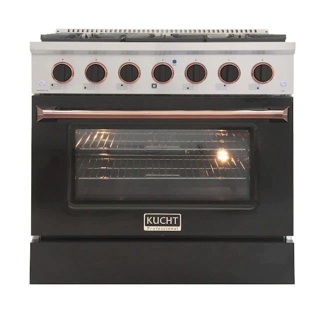 Kucht Signature 36-Inch Gas Range in Black with Black Knobs & Rose Gold Handle (KNG361-K-ROSE)