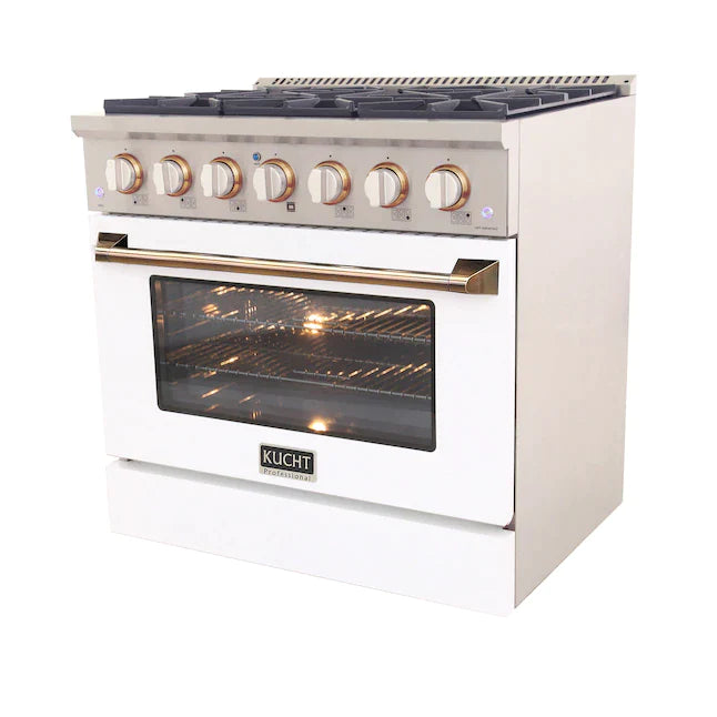 Kucht Signature 36" Gas Range with Convection Oven in White with White Knobs & Gold Handle (KNG361-W-GOLD)