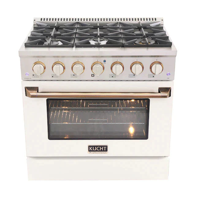 Kucht Signature 36" Gas Range with Convection Oven in White with White Knobs & Gold Handle KNG361-W-GOLD
