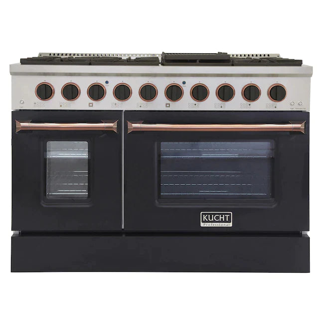 Kucht Signature 48-Inch Pro-Style Dual Fuel Range in Stainless Steel with Black Oven Door & Rose Gold (KDF482-K-ROSE)