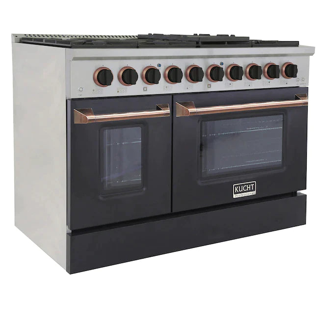 Kucht Signature 48-Inch Pro-Style Dual Fuel Range in Stainless Steel with Black Oven Door & Rose Gold (KDF482-K-ROSE)