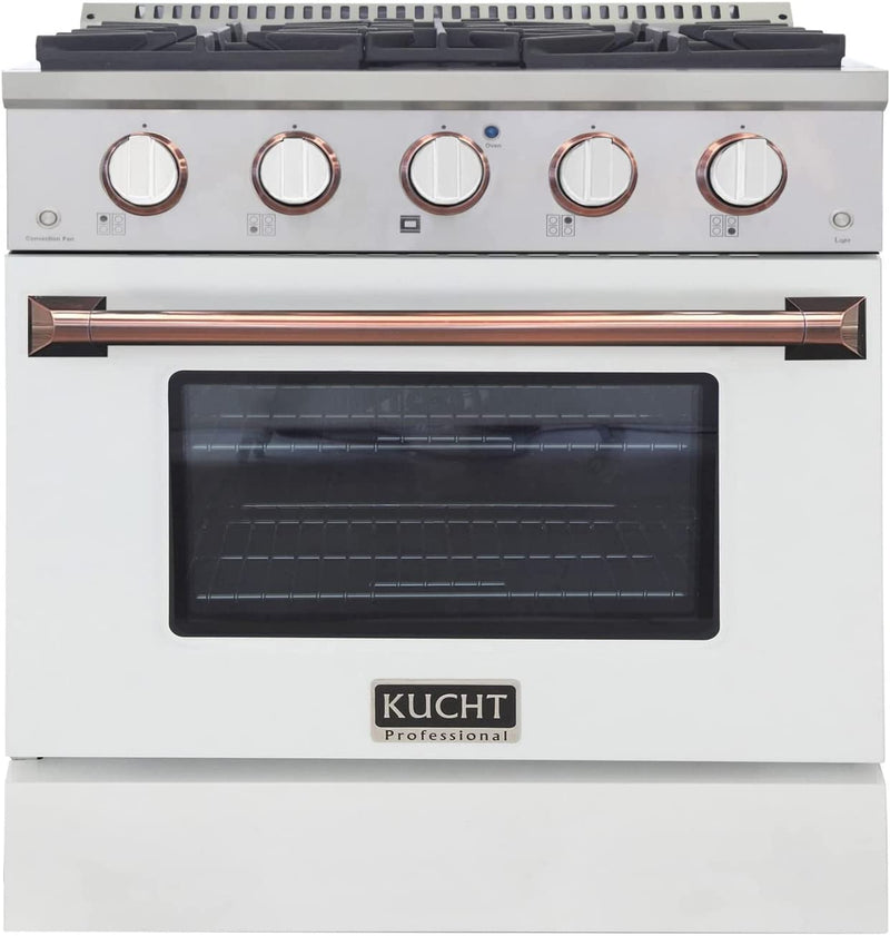 Kucht Signature 30" Gas Range in White with White Knobs & Rose Gold Handle (KNG301-W-ROSE)