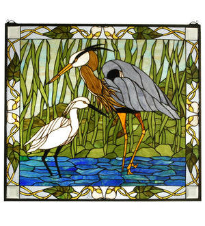 Meyda 30"W X 27"H Blue Heron & Snowy Egret Stained Glass Window '62955