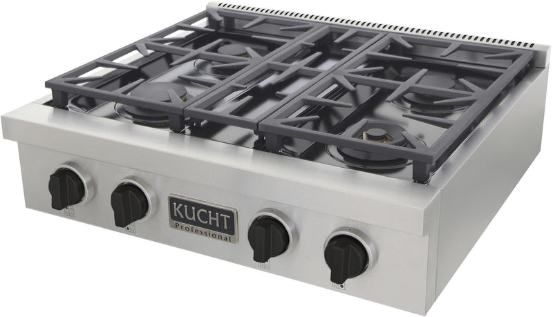 Kucht 30-Inch 4 Burner Gas Rangetop in Stainless Steel with Toxedo Black Knob (KFX309T-K)