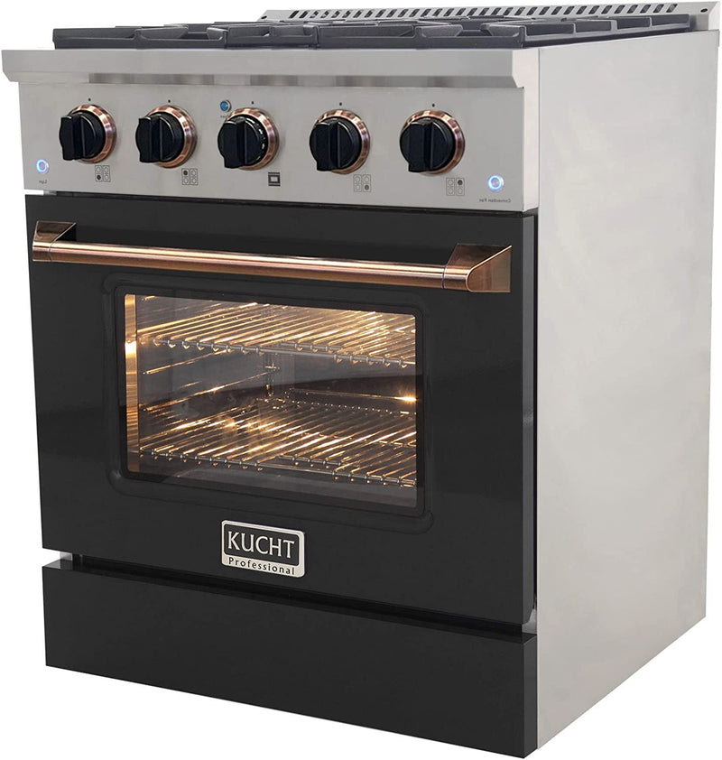Kucht Signature 30" Gas Range with Convection Oven in Black with Black Knobs & Gold Handle (KNG301-K-GOLD)