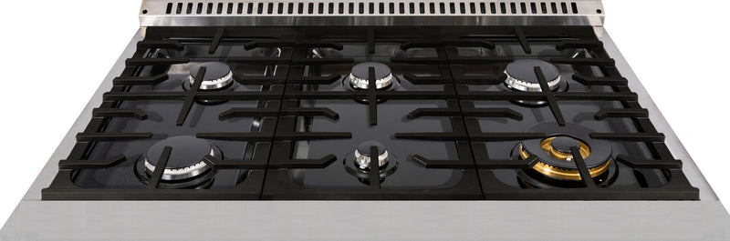 Forte 36-Inch Freestanding All Gas Range with 5 Sealed Burners in Black with Brass Trim (FGR366BBBBR)