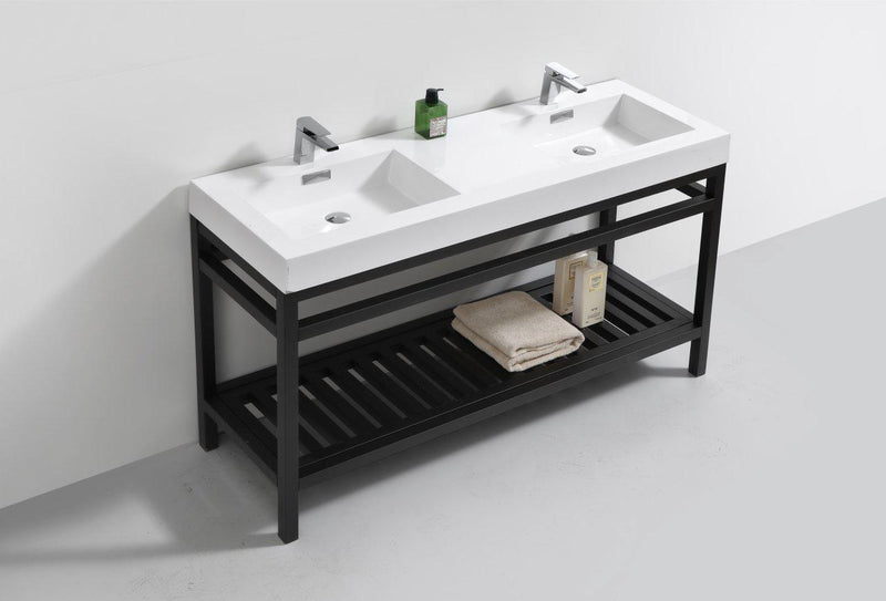 KubeBath Cisco 60 in. Double Sink Stainless Steel Console with Acrylic Sink - Matte Black, AC60D-BK