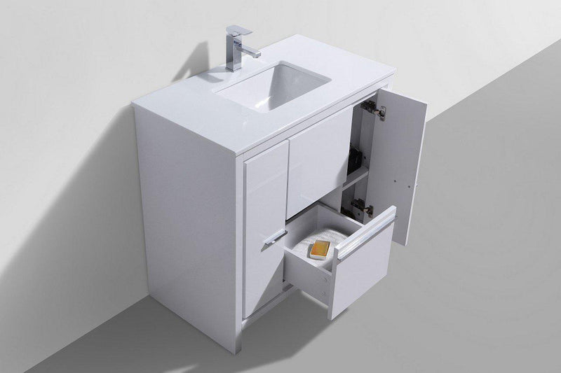 KubeBath Dolce 36 in. Modern Bathroom Vanity with White Quartz Counter Top - High Gloss White