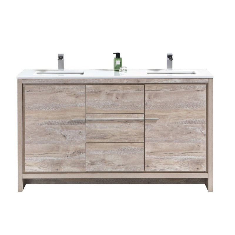 KubeBath Dolce 60 in. Double Sink Modern Bathroom Vanity with White Quartz Counter Top - Nature Wood, AD660DNW