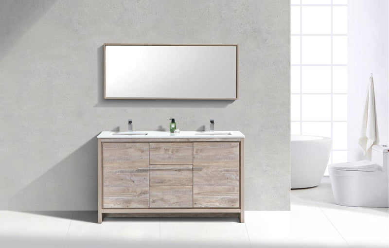 KubeBath Dolce 60 in. Double Sink Modern Bathroom Vanity with White Quartz Counter Top - Nature Wood, AD660DNW