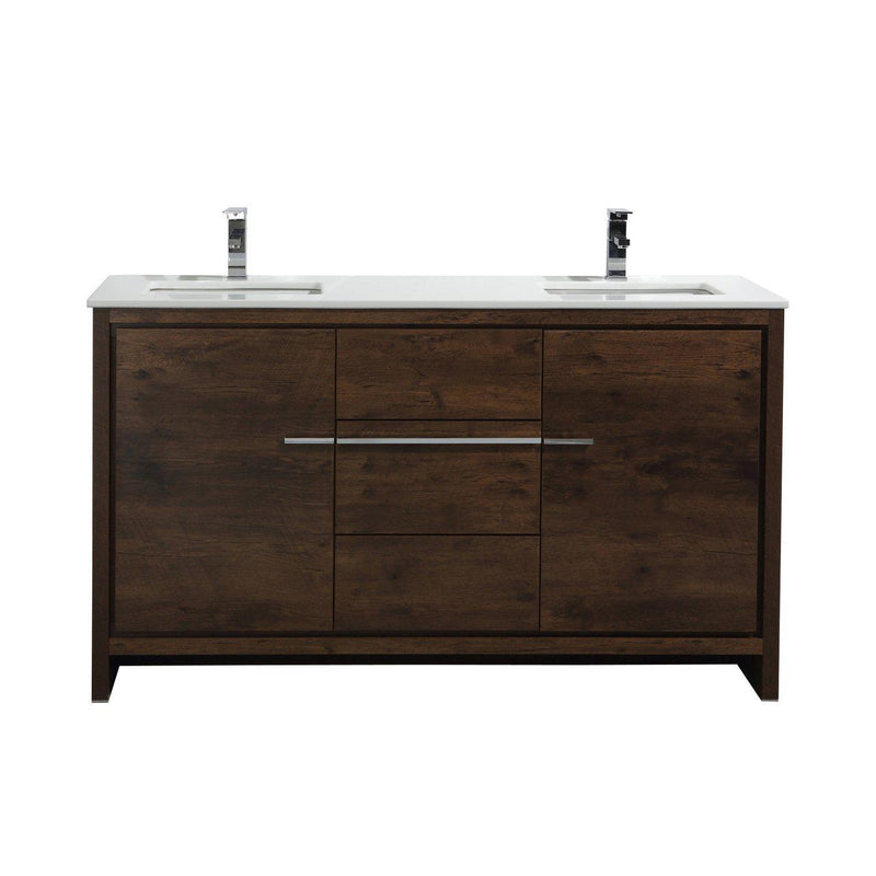 KubeBath Dolce 60 in. Double Sink Rose Wood Modern Bathroom Vanity with White Quartz Counter-Top, AD660DRW