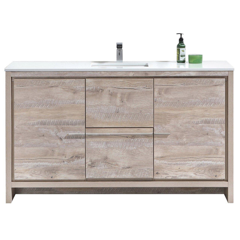 KubeBath Dolce 60 in. Modern Bathroom Vanity with White Quartz Counter Top - Nature Wood, AD660SNW