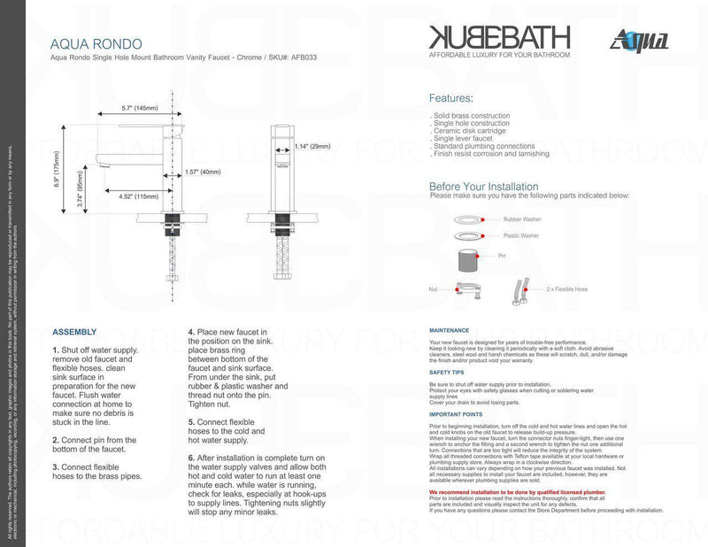 KubeBath Aqua Roundo Single Hole Mount Bathroom Vanity Faucet - Chrome, AFB033