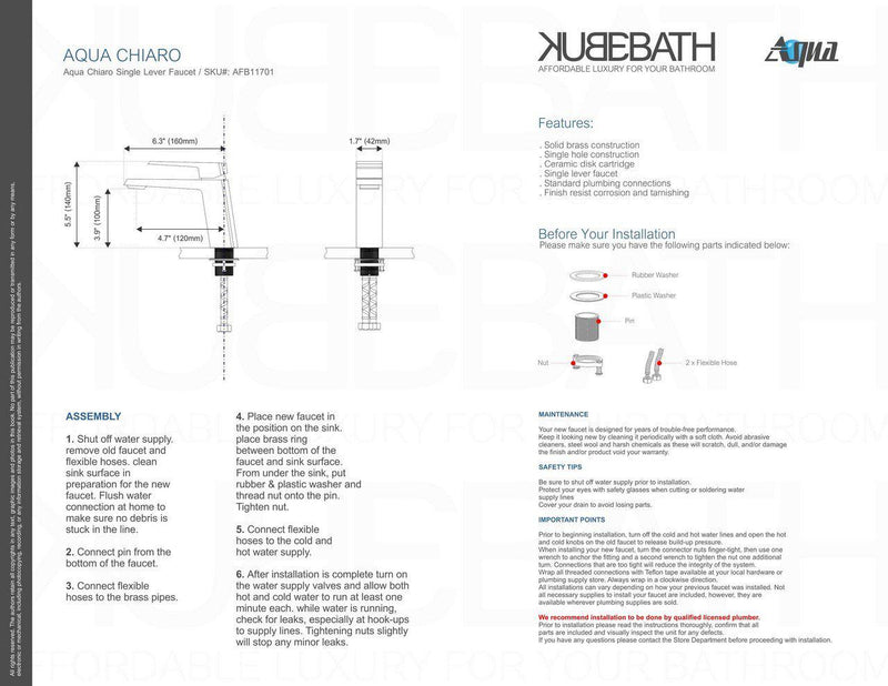 KubeBath Aqua Chiaro Single Lever Bathroom Vanity Faucet - Chrome, AFB11701