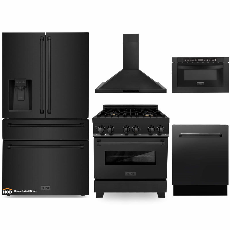 ZLINE 5-Piece Appliance Package - 30-Inch Dual Fuel Range with Brass Burners, Refrigerator with Water Dispenser, Convertible Wall Mount Hood, Microwave Drawer, and 3-Rack Dishwasher in Black Stainless Steel (5KPRW-RABRH30-MWDWV)