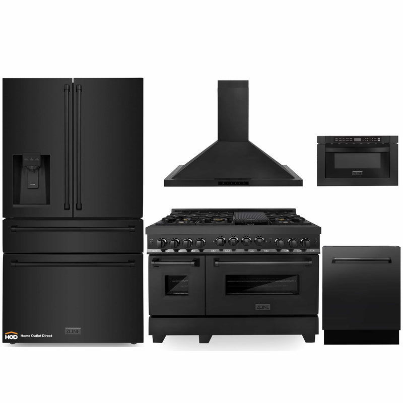 ZLINE 5-Piece Appliance Package - 48-Inch Gas Range, Refrigerator with Water Dispenser, Convertible Wall Mount Hood, Microwave Drawer, and 3-Rack Dishwasher in Black Stainless Steel (5KPRW-RGBRH48-MWDWV)