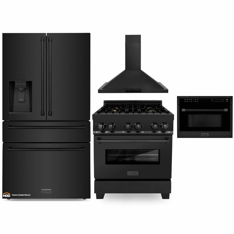 ZLINE 4-Piece Appliance Package - 30-Inch Dual Fuel Range with Brass Burners, Refrigerator with Water Dispenser, Convertible Wall Mount Hood, and Microwave Oven in Black Stainless Steel (4KPRW-RABRH30-MWO)
