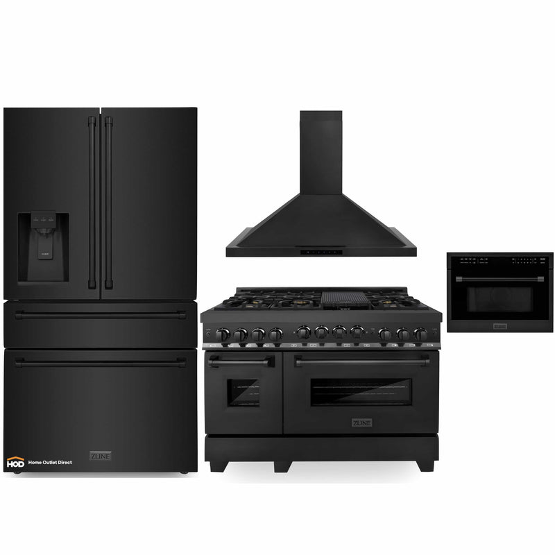ZLINE 4-Piece Appliance Package - 48-Inch Dual Fuel Range with Brass Burners, Refrigerator with Water Dispenser, Convertible Wall Mount Hood, and Microwave Oven in Black Stainless Steel (4KPRW-RABRH48-MWO)