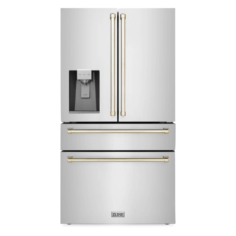 ZLINE Autograph Edition 4-Piece Appliance Package - 30-Inch Dual Fuel Range, Refrigerator with Water Dispenser, Wall Mounted Range Hood, & 24-Inch Tall Tub Dishwasher in Stainless Steel with Gold Trim (4AKPR-RARHDWM30-G)