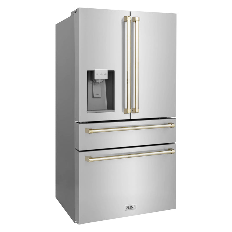 ZLINE Autograph Edition 4-Piece Appliance Package - 48-Inch Dual Fuel Range, Refrigerator with Water Dispenser, Wall Mounted Range Hood, & 24-Inch Tall Tub Dishwasher in Stainless Steel with Gold Trim (4AKPR-RARHDWM48-G)