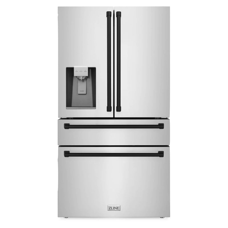 ZLINE Autograph Edition 4-Piece Appliance Package - 30-Inch Dual Fuel Range, Refrigerator with Water Dispenser, Wall Mounted Range Hood, & 24-Inch Tall Tub Dishwasher in Stainless Steel with Matte Black Trim (4AKPR-RARHDWM30-MB)