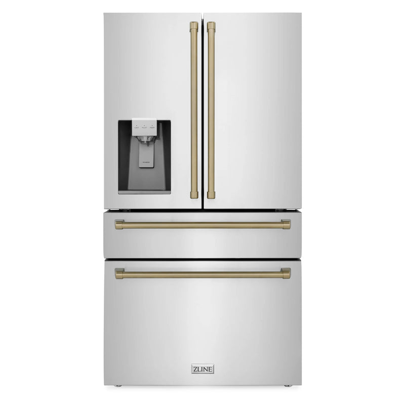 ZLINE Autograph Edition 4-Piece Appliance Package - 48-Inch Stainless Steel Gas Range, Refrigerator with Water Dispenser, Wall Mounted Range Hood, & 24-Inch Tall Tub Dishwasher in White Matte and Champagne Bronze Accents (4AKPR-RGWMRHDWM48-CB)