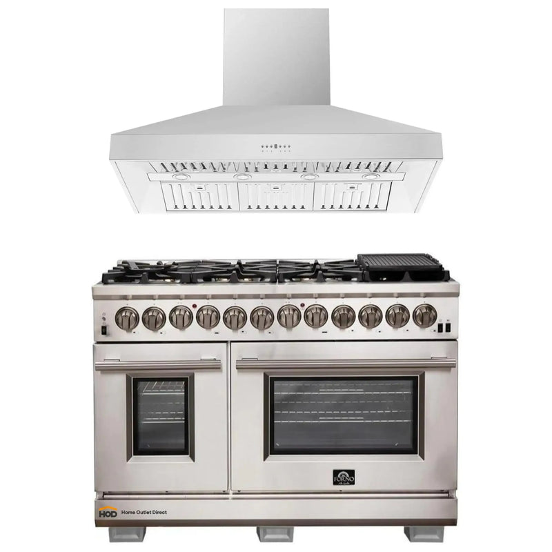 Forno 2-Piece Pro Appliance Package - 48-Inch Dual Fuel Range & Wall Mount Hood in Stainless Steel