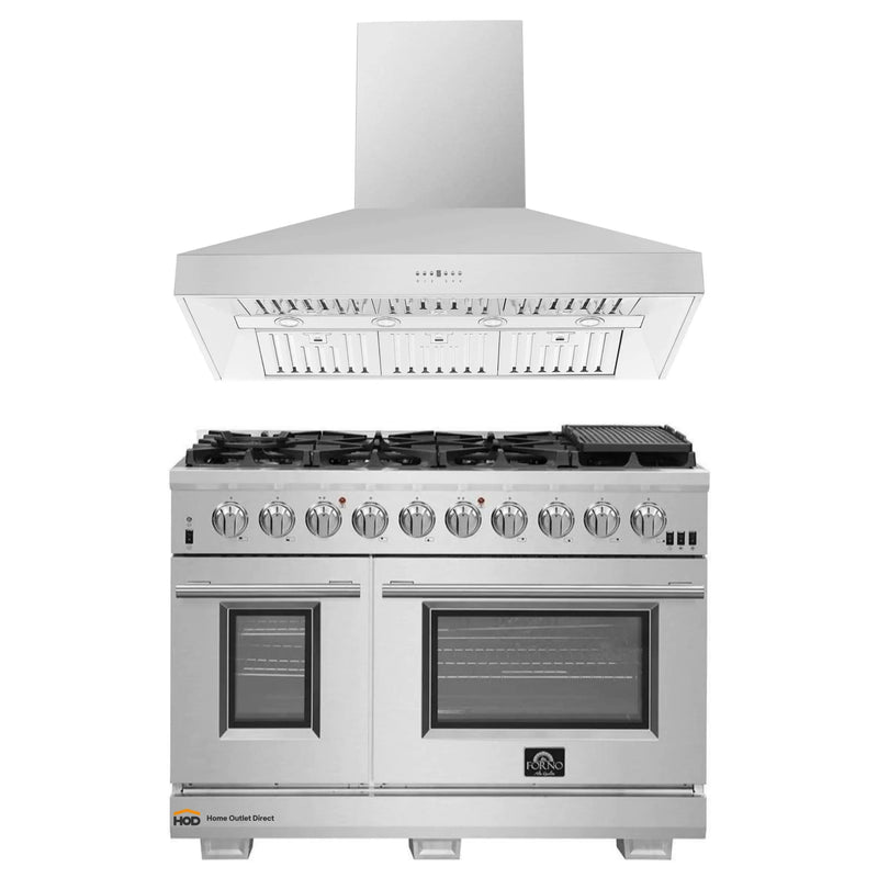 Forno 2-Piece Pro Appliance Package - 48-Inch Gas Range & Wall Mount Hood in Stainless Steel