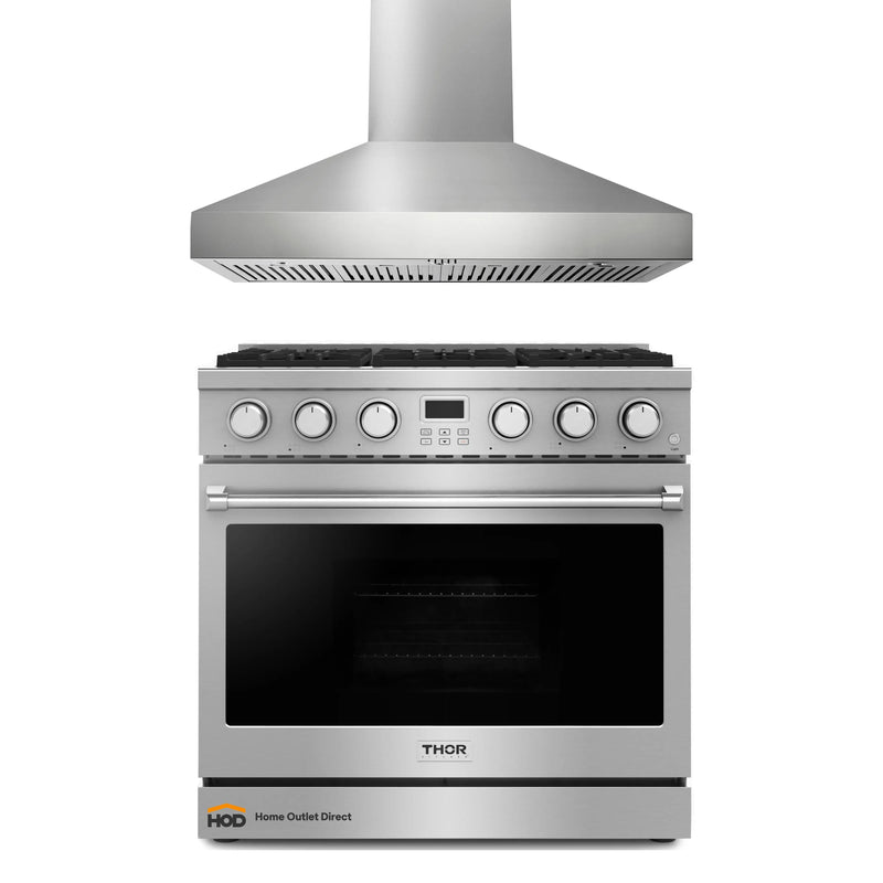 Thor Kitchen 2-Piece Appliance Package - 36-Inch Gas Range and Pro-Style Wall Mount Range Hood in Stainless Steel