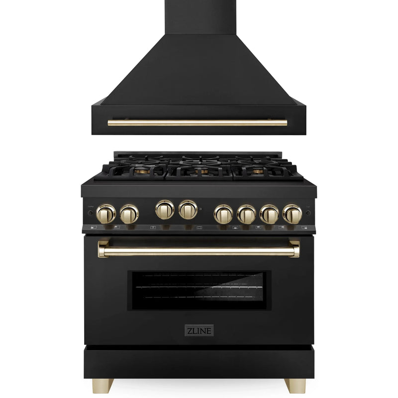 ZLINE Autograph Edition 2-Piece Appliance Package - 36-Inch Gas Range & Wall Mounted Range Hood in Black Stainless Steel with Gold Trim (2AKP-RGBRH36-G)