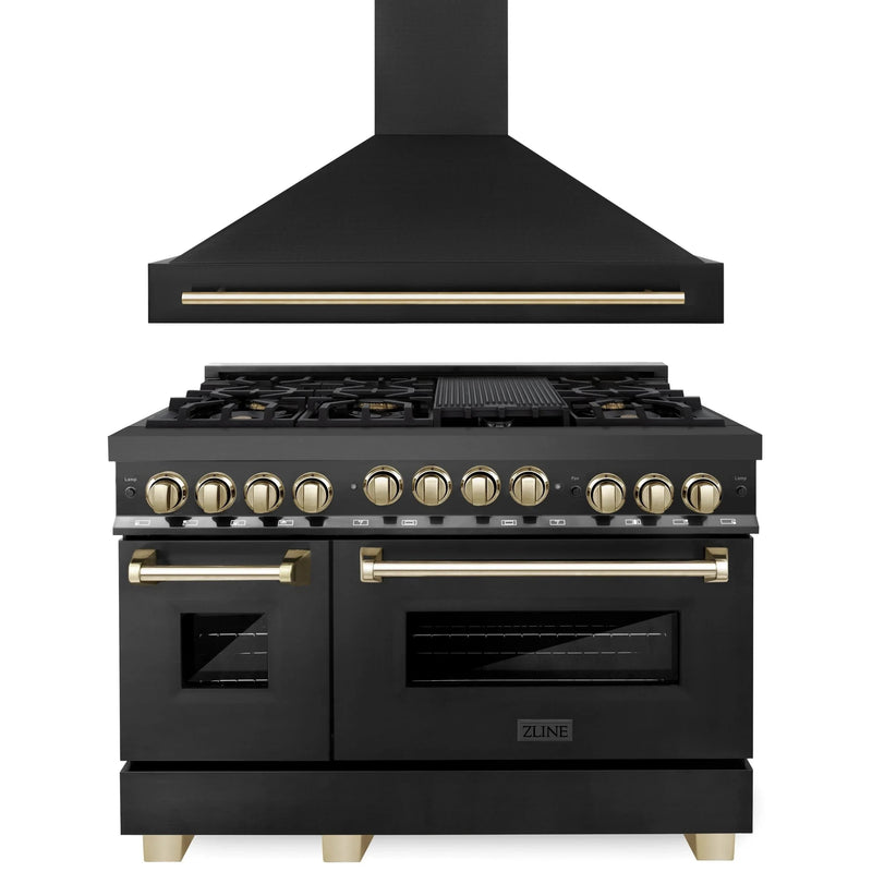 ZLINE Autograph Edition 2-Piece Appliance Package - 48-Inch Gas Range & Wall Mounted Range Hood in Black Stainless Steel with Gold Trim (2AKPR-RGBRH48-G)