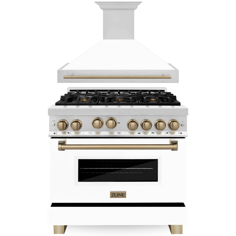 ZLINE Autograph Edition 2-Piece Appliance Package - 36-Inch Gas Range & Wall Mounted Range Hood in Stainless Steel and White Door with Champagne Bronze Trim (2AKP-RGWMRH36-CB)