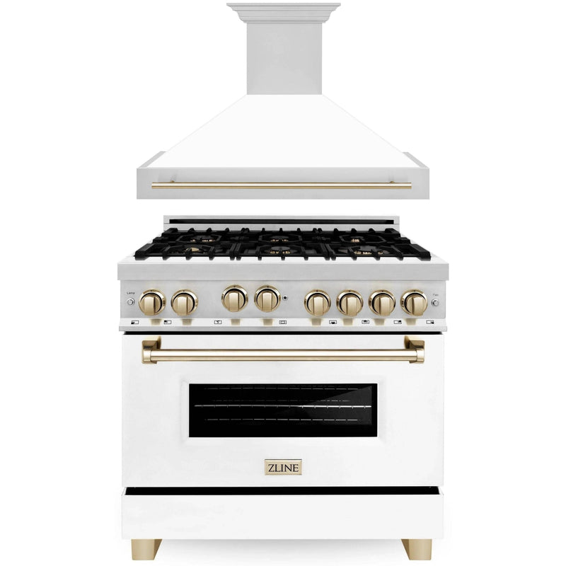 ZLINE Autograph Edition 2-Piece Appliance Package - 36-Inch Gas Range & Wall Mounted Range Hood in Stainless Steel and White Door with Gold Trim (2AKP-RGWMRH36-G)