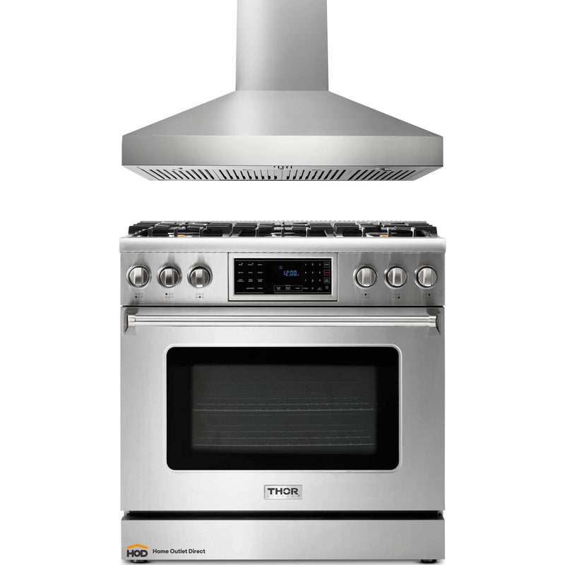 Thor Kitchen 2-Piece Appliance Package - 36-Inch Gas Range with Tilt Panel & Pro-Style Wall Mount Hood in Stainless Steel