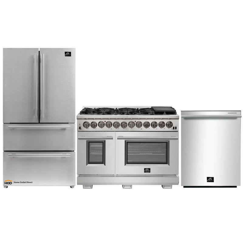 Forno 3-Piece Pro Appliance Package - 48-Inch Dual Fuel Range, French Door Refrigerator, and Dishwasher in Stainless Steel