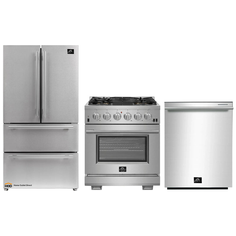 Forno 3-Piece Pro Appliance Package - 30-Inch Gas Range, French Door Refrigerator, and Dishwasher in Stainless Steel