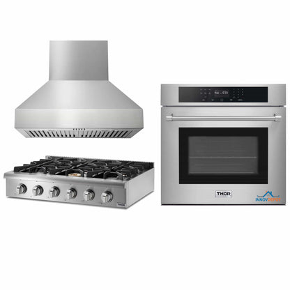 Thor Kitchen 3-Piece Pro Appliance Package - 36-Inch Rangetop, Electric Wall Oven & Pro-Style Wall Mount Hood in Stainless Steel