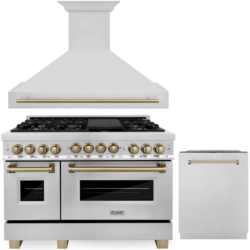 ZLINE Autograph Edition 3-Piece Appliance Package - 48-Inch Gas Range, Wall Mounted Range Hood, & 24-Inch Tall Tub Dishwasher in Stainless Steel with Champagne Bronze Trim (3AKPR-RGRH48-CB)