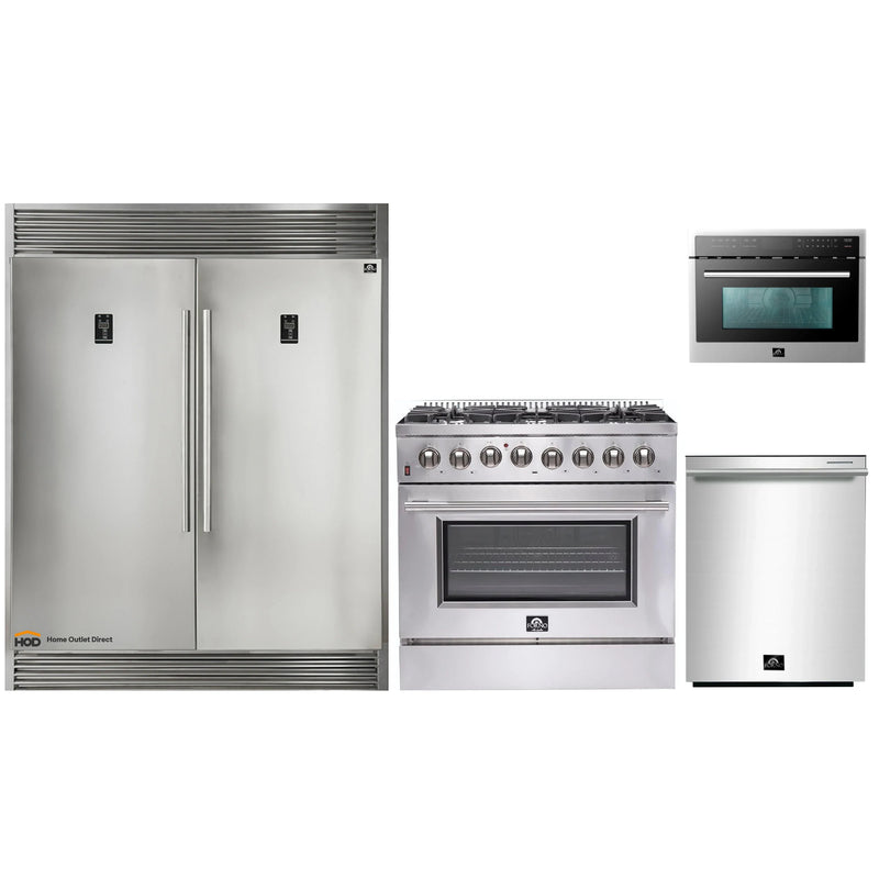 Forno 4-Piece Appliance Package - 36-Inch Dual Fuel Range, 56-Inch Pro-Style Refrigerator, Microwave Oven, & 3-Rack Dishwasher in Stainless Steel