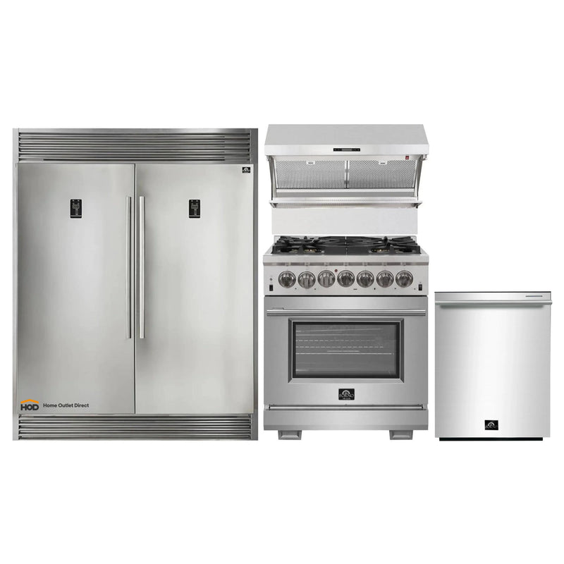 Forno 4-Piece Pro Appliance Package - 30-Inch Dual Fuel Range, Premium Hood, Pro-Style Refrigerator, and Dishwasher in Stainless Steel