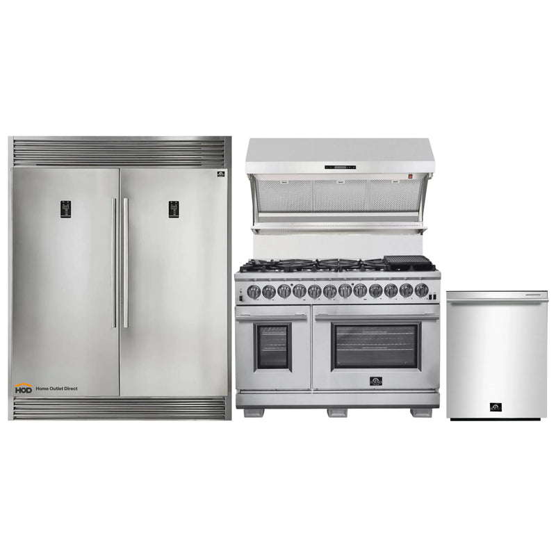 Forno 4-Piece Pro Appliance Package - 48-Inch Dual Fuel Range, 56-Inch Pro-Style Refrigerator, Wall Mount Hood with Backsplash, & Dishwasher in Stainless Steel