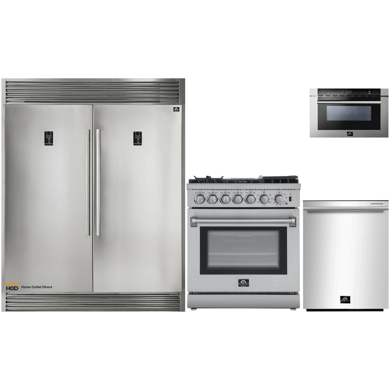 Forno 4-Piece Appliance Package - 30-Inch Dual Fuel Range with Air Fryer, 56-Inch Pro-Style Refrigerator, Microwave Drawer, & 3-Rack Dishwasher in Stainless Steel